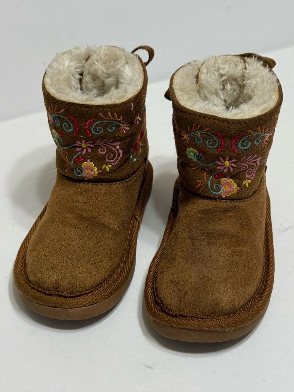 Elena Avalor Brown Suede-Look Girls' Winter Boots with Floral Embroidery Sz 5